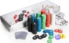A poker set with chips, cards, and dice laid out next to an open aluminum case. Podgląd zdjęcia produktu