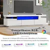 A modern white TV stand with blue LED lighting, featuring a television on top and decorative elements. Produktbild-Vorschau