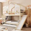 A children's bunk bed with a house theme, complete with a slide and stairs, set in a bedroom. Produktbild-Vorschau