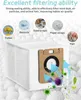 A vacuum cleaner dust bag with illustrations of filtered particles and text describing its filtering ability. Voir les images du produit