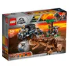The image shows the packaging of a LEGO Jurassic World Carnotaurus Gyrosphere Escape playset. It features a truck, a gyrosphere with a minifigure inside, and a Carnotaurus dinosaur. The background depicts a volcanic eruption scene. Produktbild-Vorschau