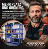 A man in work clothes stands next to a blue shelving unit filled with various items, including tools, containers, and car wheels. The image is a marketing shot for storage solutions. Produktbild-Vorschau