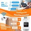 A marketing image showcasing a smart home heating thermostat with various features highlighted. Produktbild-Vorschau