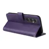 A purple flip case for a smartphone is shown from a side angle, with the phone inserted and the camera array visible. Produktbild-Vorschau