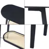 A collage of four close-up images showing different parts of a black console table with a rattan-look shelf. Anteprima dell’immagine prodotto