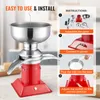 An instructional image showing a red and silver milk cream separator with text overlays detailing the steps for use. Produktbild-Vorschau