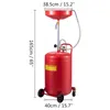 A red oil drain tank with a funnel and hose, with dimensions indicated by measurement lines and text. Náhled obrázku produktu