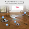 A robot vacuum cleaner is shown on a wooden floor, navigating around various household objects like slippers, a teddy bear, and crumpled paper. The image highlights the robot's AI obstacle recognition capabilities with visual cues. Produktbild-Vorschau