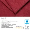 A close-up of red velour fabric with product specifications and certification logos. Náhled obrázku produktu