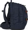 Side view of a navy blue backpack with brown leather accents. Podgląd zdjęcia produktu