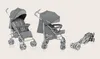 Three views of a gray baby stroller: one front-facing, one side-facing, and one folded. Produktbild-Vorschau