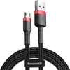 A black and red braided micro USB cable with a USB-A connector on one end and a micro USB connector on the other, laid out in a curved shape against a white background. Náhled obrázku produktu