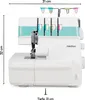 A white and turquoise Medion overlock sewing machine is shown from a side-angle on a white background, with dimensions indicated. Produktbild-Vorschau