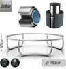 A diagrammatic and product shot of a trampoline frame with close-ups of its construction and features. Produktbild-Vorschau