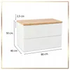 A diagram showing the dimensions of a white cabinet with a wooden top. Produktbild-Vorschau