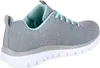 Side view of a gray and mint green Skechers sneaker. Voir les images du produit