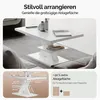 A white coffee table with multiple shelves, shown in a living room setting and with a detailed diagram. Produktbild-Vorschau