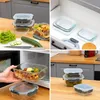 A collage of four images showing glass food storage containers being used and stored. Náhľad obrázku produktu