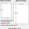 Diagrams showing the dimensions of DIN A4 and DIN A3 posters, along with text describing product features and origin. Produktbild-Vorschau