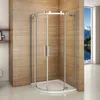 A modern shower cabin in a bathroom setting with wooden walls and a window showing a mountain landscape.