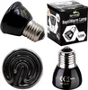 A collage of a black ceramic heat lamp bulb, its packaging, and a close-up of the heating element. Náhled obrázku produktu