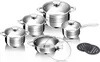 A set of stainless steel cookware with glass lids, displayed on a white background. Voir les images du produit
