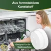 A woman is looking into a dishwasher, holding a round object. There is text overlaid on the image, and a logo in the lower left corner. Produktbild-Vorschau