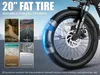 A close-up of a fat tire bicycle wheel with promotional text and images showcasing different terrains. Produktbild-Vorschau