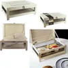 A collage of images showing a wooden cheese cellar with a serving tray, both open and closed, and with cheese inside. Voir les images du produit