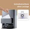 A hand is shown inserting a dust bag into a docking station for a robot vacuum cleaner. A separate image of a dust bag is also shown. Produktbild-Vorschau