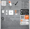 The image shows the packaging of a Smart WiFi CO Detector, including diagrams, app store logos, and technical specifications. Produktbild-Vorschau