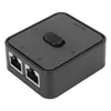 A black network switch with two RJ45 ports on the front and labels on the top. Anteprima dell’immagine prodotto