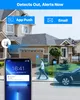 A security camera system is shown with a house and a car in the background, and a smartphone displaying a notification. Produktbild-Vorschau