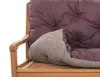 A close-up of a tufted purple cushion on a wooden bench. Produktbild-Vorschau