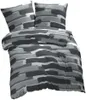 A bedding set with a gray and black abstract stripe pattern, including a duvet cover and two pillowcases. Produktbild-Vorschau
