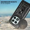 A black phone case with a ring holder is shown in a snowy, outdoor environment. Produktbild-Vorschau