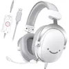 A white gaming headset with a cute smiley face design on the earcups, along with its detachable microphone and a USB control module. Produktbild-Vorschau