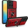 A red and black phone case with a ring holder and camera cover is displayed from multiple angles against a white background. Produktbild-Vorschau
