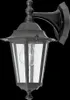 A black outdoor wall lamp with glass panels and a visible light bulb, set against a black background. Podgląd zdjęcia produktu
