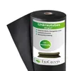 A roll of black weed control fabric is shown against a white background, with a label detailing its features. Voir les images du produit