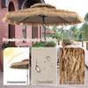 A collage of images showcasing a straw-style patio umbrella, with close-ups of its features and text descriptions. Produktbild-Vorschau