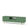 A green TV stand with wooden legs against a white background. Podgląd zdjęcia produktu