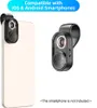 A smartphone accessory, a mini microscope, is shown attached to a smartphone and also separately. The accessory is black with a silver lens and a textured circular button. Text at the top indicates compatibility with iOS and Android smartphones. Text at th Produktbild-Vorschau