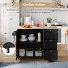 A kitchen island with drawers and shelves, showcasing its mobility features. Voir les images du produit