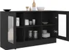 A black buffet cabinet with glass doors and interior shelves displaying various kitchen items and decorative objects. Anteprima dell’immagine prodotto
