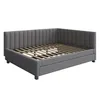 A gray upholstered bed frame with a slatted mattress support. Náhľad obrázku produktu