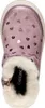 A top-down view of a pink child's boot with heart patterns and a fluffy white lining. Produktbild-Vorschau