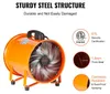 An orange industrial fan is shown with text highlighting its features and certifications. Produktbild-Vorschau