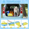A dog in the back of a car with a guitar and a folded dog pool, followed by three images showing how to set up the dog pool. Produktbild-Vorschau