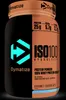 A product shot of a Dymatize ISO 100 Hydrolyzed Gourmet Chocolate protein powder container against a black background. Produktbild-Vorschau